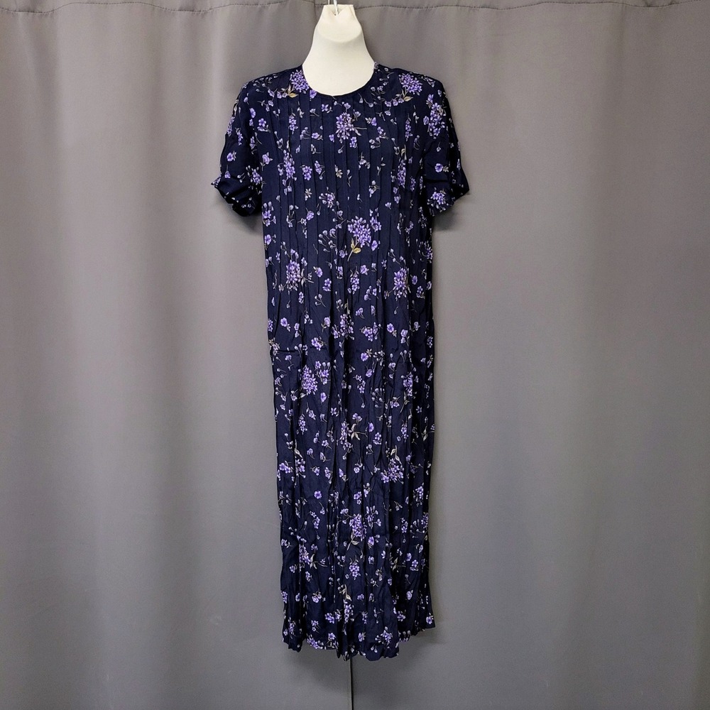 Vintage 90s y2k Navy Blue Purple Floral Pleated Tie Back Cottage‎ Maxi Dress 10